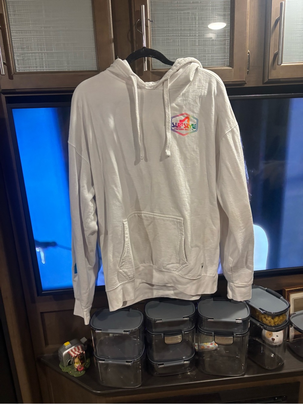 surf style White Men's Hoodie with Multicolor Chest Logo
